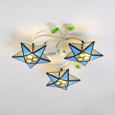 Modern Tiffany Stained Glass Flush Mount Ceiling Light with 3 Star-Shaped Heads in Vibrant Multicolor