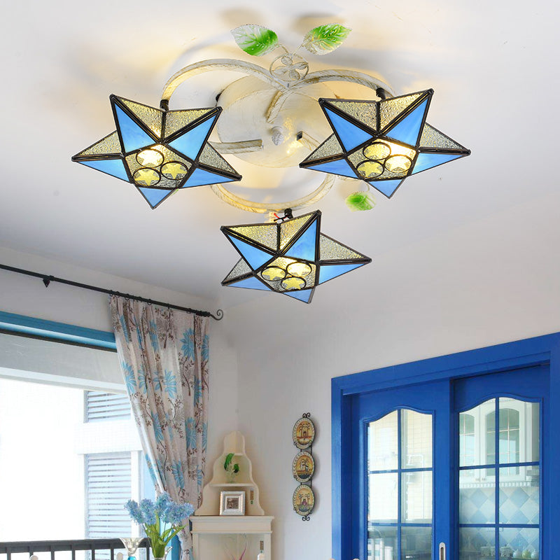 Modern Tiffany Stained Glass Flush Mount Ceiling Light with 3 Star-Shaped Heads in Vibrant Multicolor