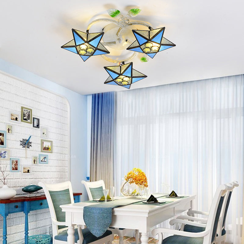 Modern Tiffany Stained Glass Flush Mount Ceiling Light with 3 Star-Shaped Heads in Vibrant Multicolor