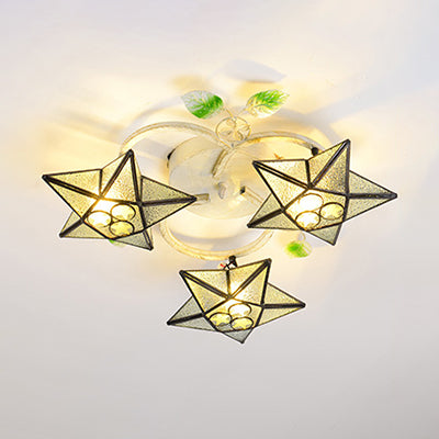 Modern Tiffany Stained Glass Flush Mount Ceiling Light with 3 Star-Shaped Heads in Vibrant Multicolor