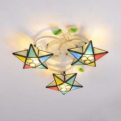 Modern Tiffany Stained Glass Flush Mount Ceiling Light with 3 Star-Shaped Heads in Vibrant Multicolor