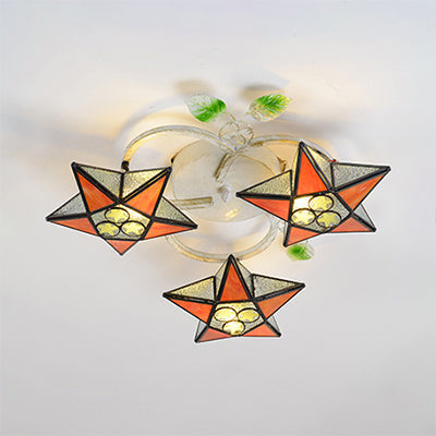 Modern Tiffany Stained Glass Flush Mount Ceiling Light with 3 Star-Shaped Heads in Vibrant Multicolor