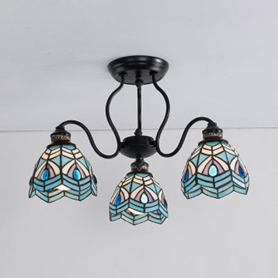 Peacock Stained Glass Semi Flush Light with 3 Lights – Traditional Bowl Style