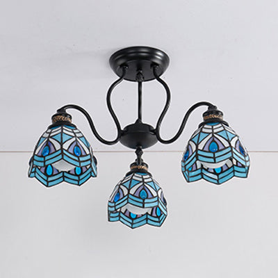 Peacock Stained Glass Semi Flush Light with 3 Lights – Traditional Bowl Style