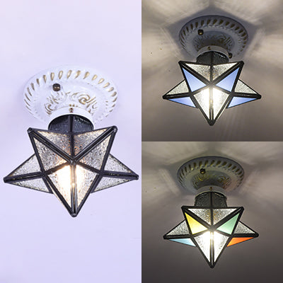 Tiffany Rustic Star Stained Glass Flush Light For Bedroom - Blue/Clear/Blue-Yellow-Green