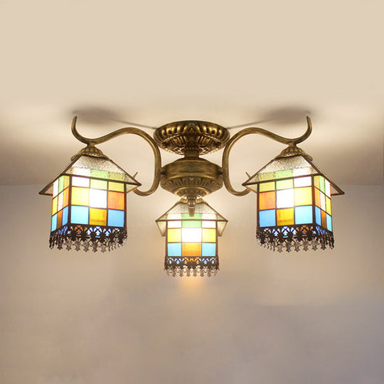 Lodge Style Stained Glass Ceiling Light - 3 Head Semi Flush For Dining Room