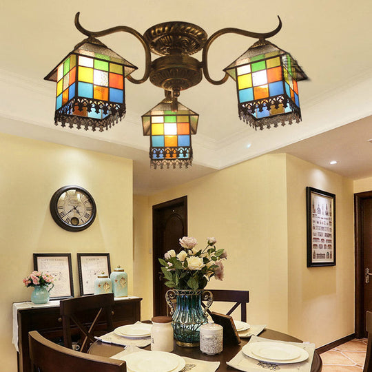 Lodge Style Stained Glass Ceiling Light - 3 Head Semi Flush for Dining Room