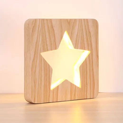 Square Study Room Desk Lamp - Star Wood Modern Stylish Design (Beige)