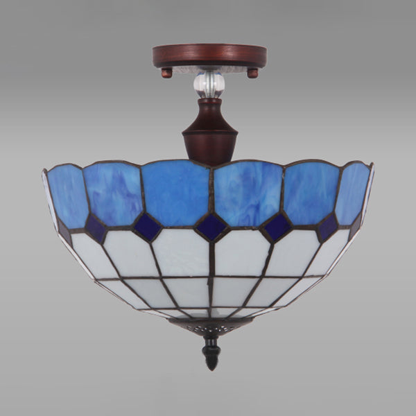 Semi Flushmount Victorian Tiffany Stained Glass Light - 12/16 Bowl In Blue/Blue-White/Green-Yellow