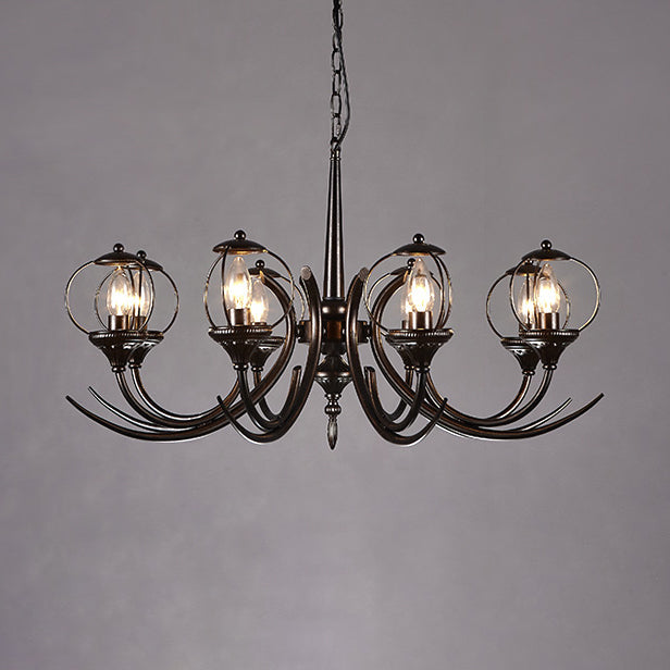 Farmhouse Wire Guard Chandelier With Curved Arm 8-Light Iron Hanging Fixture (Black)