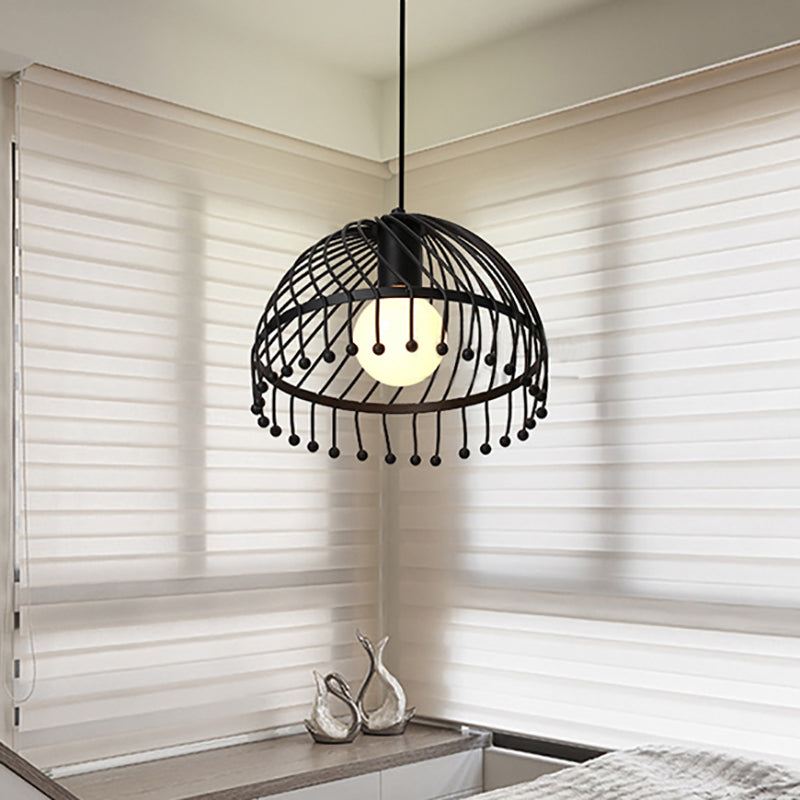 Retro Loft Dome Caged Pendant Lamp - Black Finish Metal Hanging Ceiling Light For Living Room