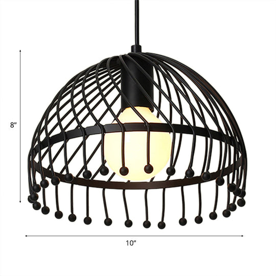 Retro Loft Black Metal Pendant Lamp: 1-Light Dome Caged Ceiling Light for Living Room