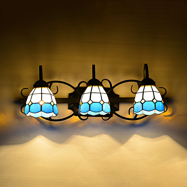 Mediterranean Dome Stained Glass Wall Sconce Light: Black Finish 3 Heads - Ideal For Bathroom