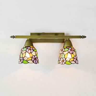 Rustic Dome Sconce Lighting With Stained Glass - 2 Lights Bathroom Vanity Light In Brass / Morning