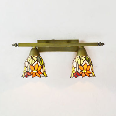 Rustic Dome Sconce Lighting With Stained Glass - 2 Lights Bathroom Vanity Light In Brass / Yellow