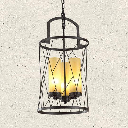 Industrial 3-Head Pendant Lamp With Cylinder Glass Shade And Wire Frame For Restaurants - Black