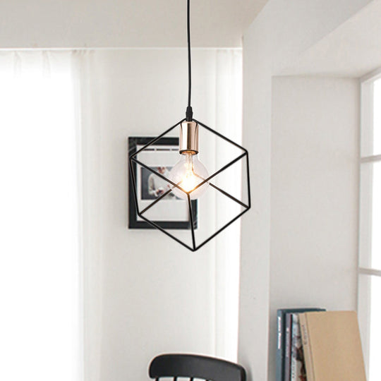 Retro Style Black Metal Cage Ceiling Light Fixture For Living Room - 1 Square Hanging