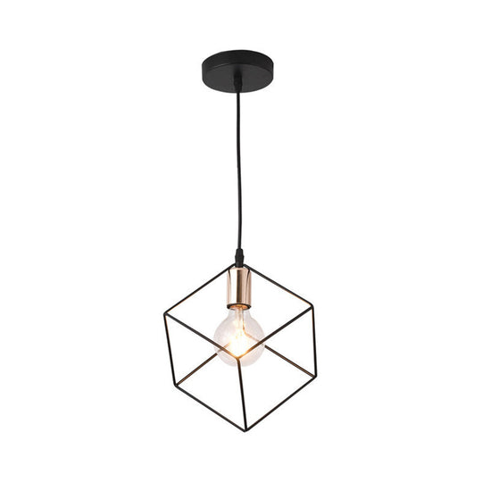 Retro Style Black Metal Cage Ceiling Light Fixture For Living Room - 1 Square Hanging