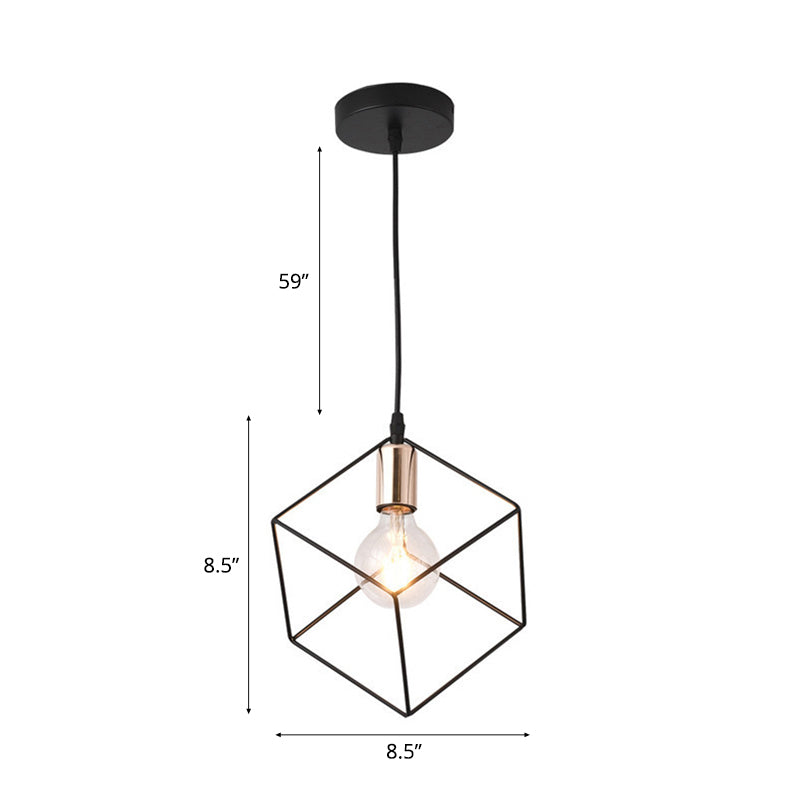 Retro Style Black Metal Cage Ceiling Light Fixture For Living Room - 1 Square Hanging