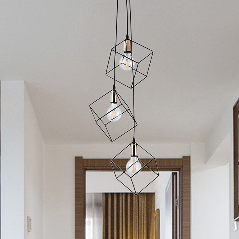 Industrial Black Square Suspension Pendant Light With 3 Metal Lights For Foyer