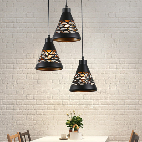 Hollow Out Industrial Ceiling Light - Black Conical Hanging Light with 3 Lights