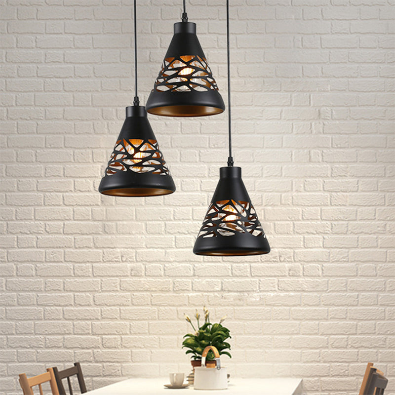 Industrial Conical Hanging Light - Black With Hollow Out Design (3 Lights)