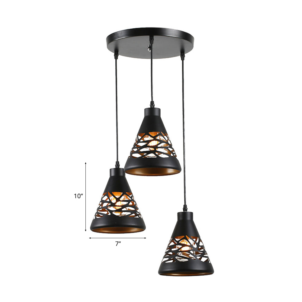 Hollow Out Industrial Ceiling Light - Black Conical Hanging Light with 3 Lights