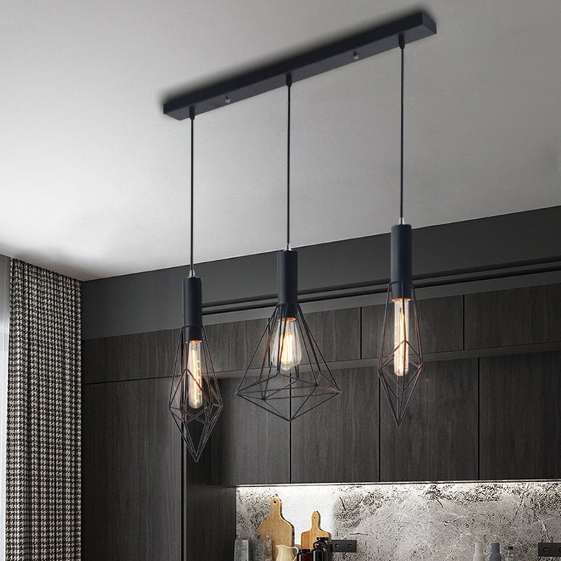 Retro Style Cage Shade Ceiling Light Fixture - Black Metallic Suspended Pendant For Dining Room