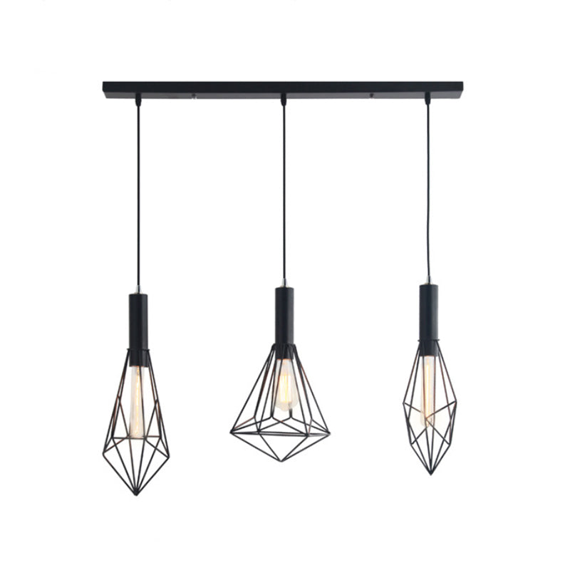 Retro Style Polygon Ceiling Light with Cage Shade - 3 Lights, Black Metallic