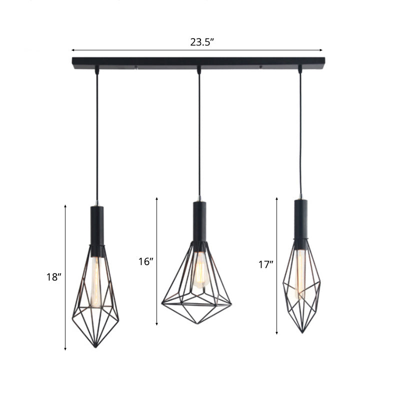 Retro Style Polygon Ceiling Light with Cage Shade - 3 Lights, Black Metallic