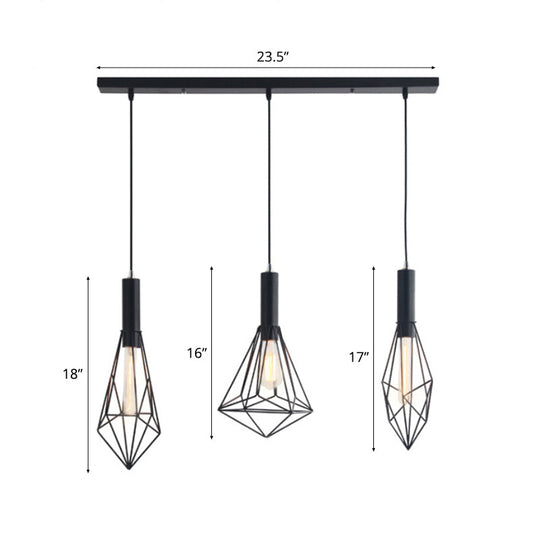 Retro Style Cage Shade Ceiling Light Fixture - Black Metallic Suspended Pendant For Dining Room