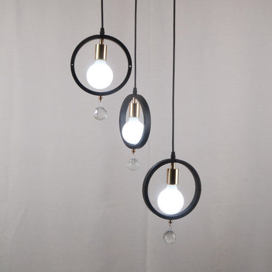 Industrial Metal Hanging Light with Ring Shade and Clear Crystal Ball Deco - 3-Light Pendant Lighting in Black