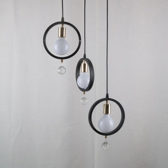 Industrial Metal Hanging Light with Ring Shade and Clear Crystal Ball Deco - 3-Light Pendant Lighting in Black