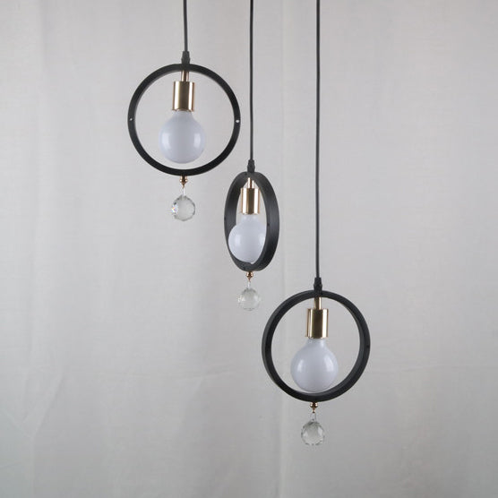 Industrial Metal Hanging Light With Ring Shade Clear Crystal Ball Deco And 3 Lights - Open Bulb