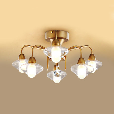 Frosted White Glass Semi Flush Brass Bedroom Light With 6 Bulbs - Modern Elliptical Design