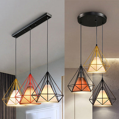 Industrial Diamond Cage Pendant Light - Metal Hanging Fixture With 3 Bulbs For Dining Room