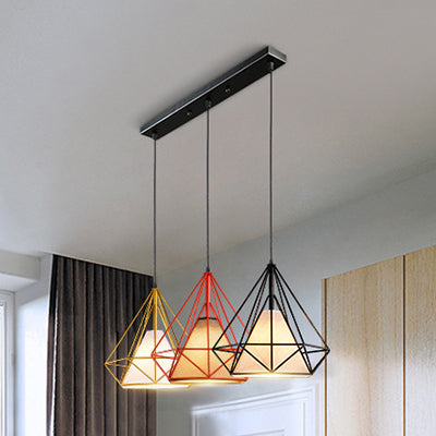 Industrial Diamond Cage Pendant Light - Metal Hanging Fixture With 3 Bulbs For Dining Room