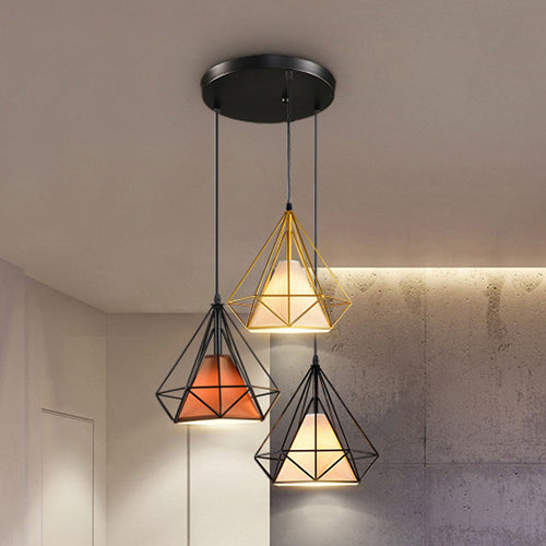 Industrial Metal Pendant Light with Diamond Cage Design - 3 Bulbs, Yellow/Black, for Dining Room