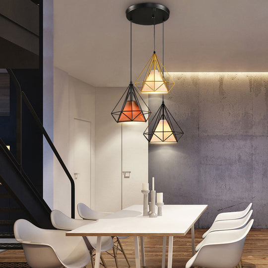 Industrial Diamond Cage Pendant Light - Metal Hanging Fixture With 3 Bulbs For Dining Room