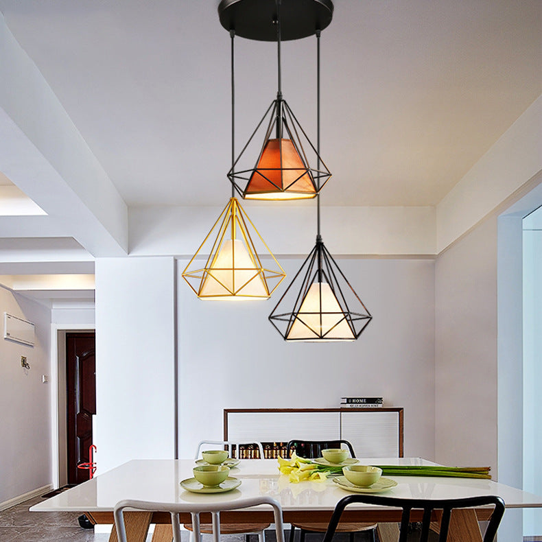 Industrial Diamond Cage Pendant Light - Metal Hanging Fixture With 3 Bulbs For Dining Room