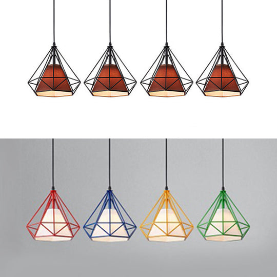 Industrial Diamond Wire Cage Pendant Light with Multi-Colored Shade - 5 Lights