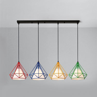 Industrial Diamond Wire Cage Pendant Light with Multi-Colored Shade - 5 Lights