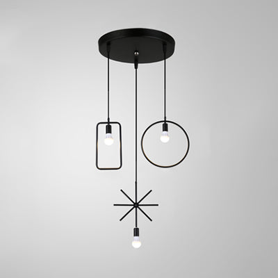 Industrial Geometric Metal Pendant Light With Exposed Bulbs - Black 3-Head Dining Room Hanging Lamp