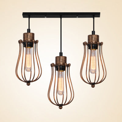 Metallic Loft Style Farmhouse Ceiling Pendant With Bulb Cage Shade - 3 Head Hanging Light Fixture In