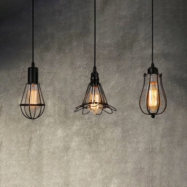 Farmhouse Black Metallic Pendant Light with Cage Design - 3 Lights