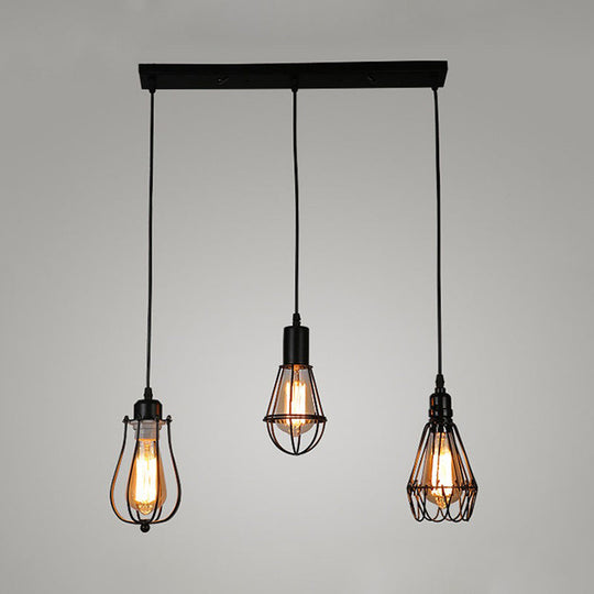 Farmhouse Black Metallic Mini Pendant Lamp With 3-Light Cage Design Perfect For Drop Ceilings