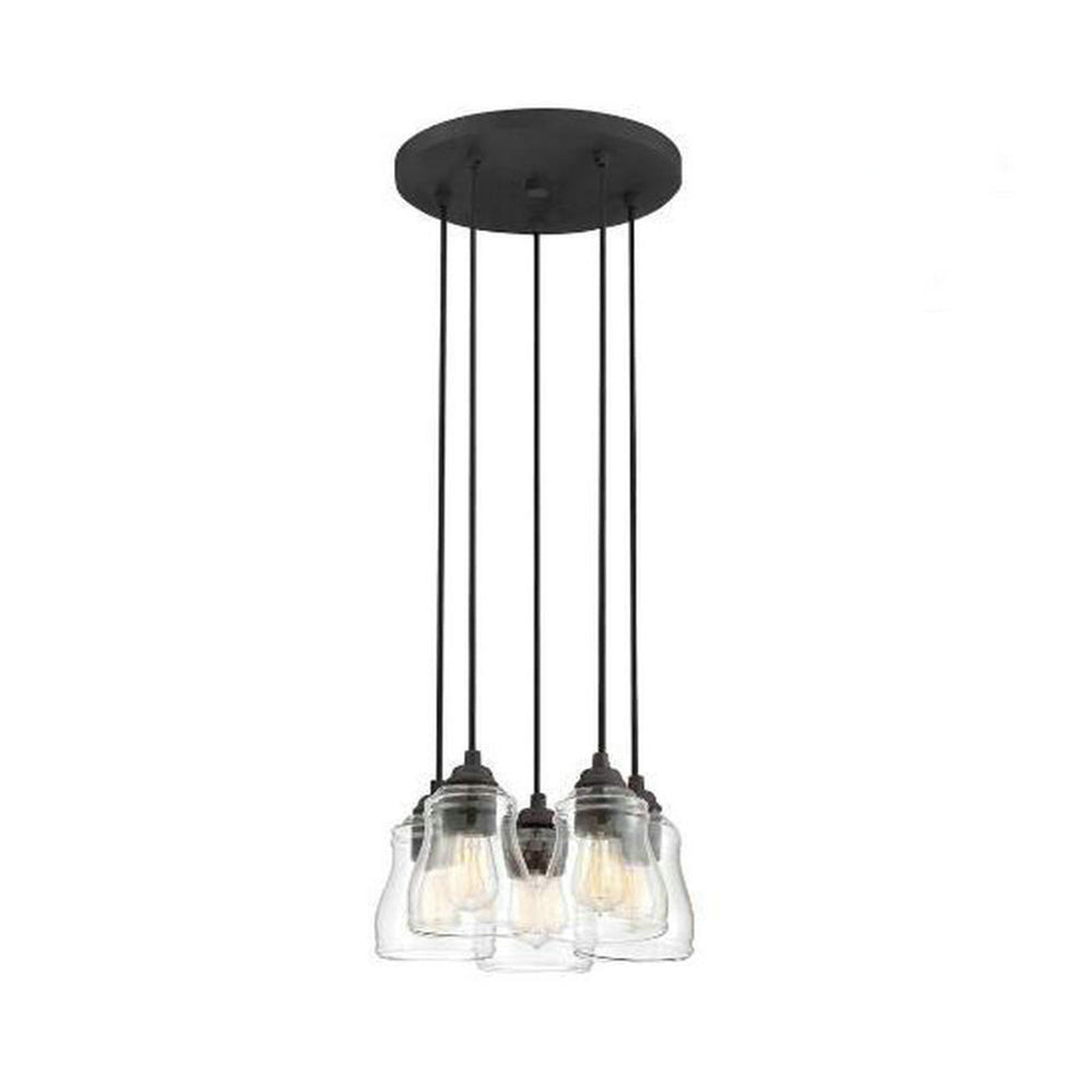 Rustic 5-Light Clear Glass Multi Pendant Hanging Light for Dining Room with Curved Shade and Round Canopy