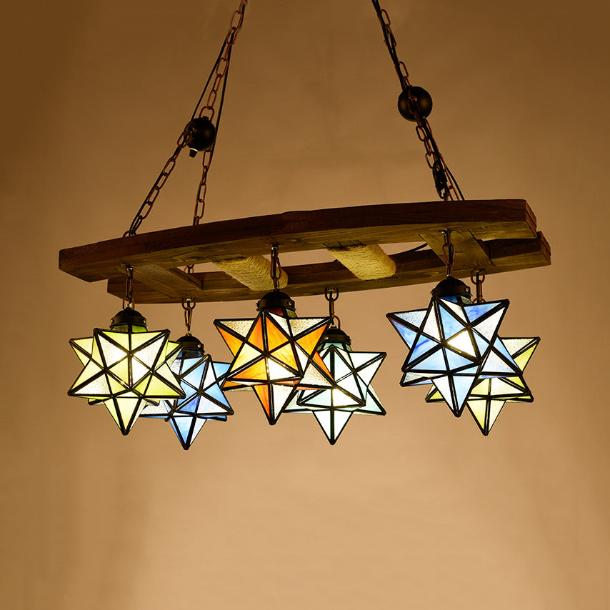 Rustic Stained Glass Star Chandelier with 6 Multi-Color Lights - Perfect for Bars and Lofts