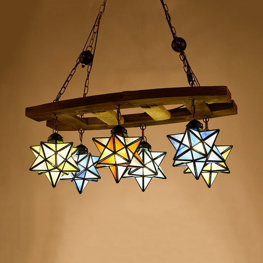 Rustic Stained Glass Star Chandelier with 6 Multi-Color Lights - Perfect for Bars and Lofts