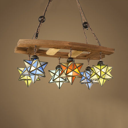 Rustic Stained Glass Star Chandelier with 6 Multi-Color Lights - Perfect for Bars and Lofts